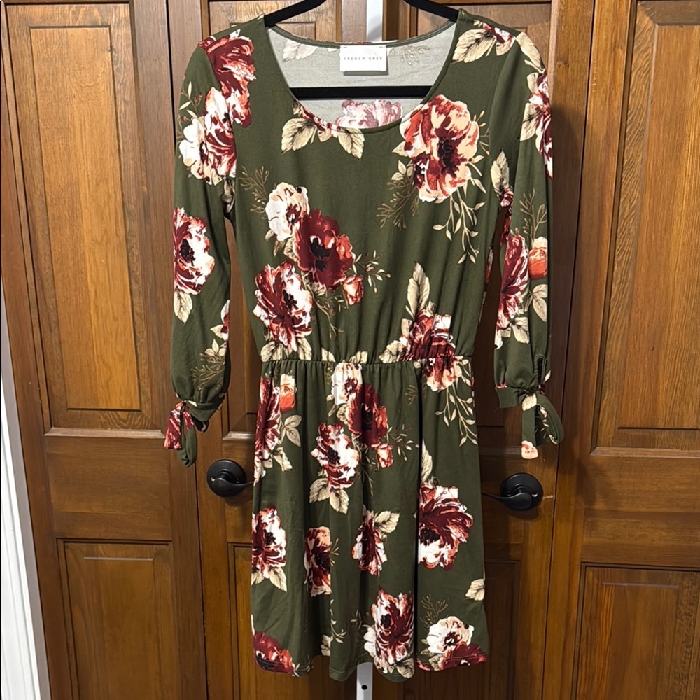 French Grey Green Floral Dress